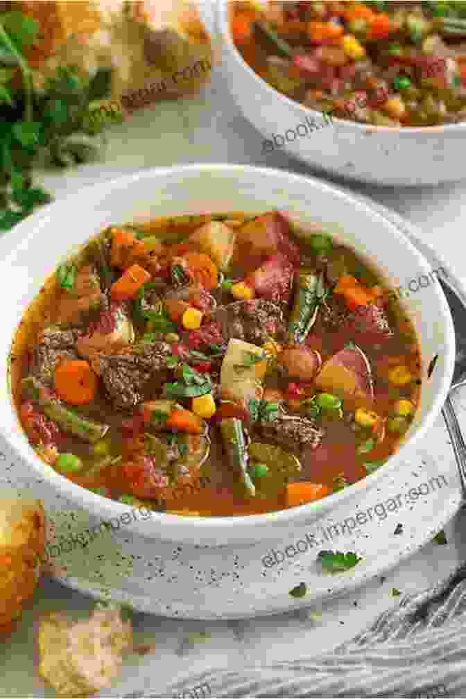 A Steaming Bowl Of Creamy Tomato Soup And A Hearty Beef Stew, Featuring Fresh Vegetables And Tender Beef Chunks. Healthy Ideas For Lunch